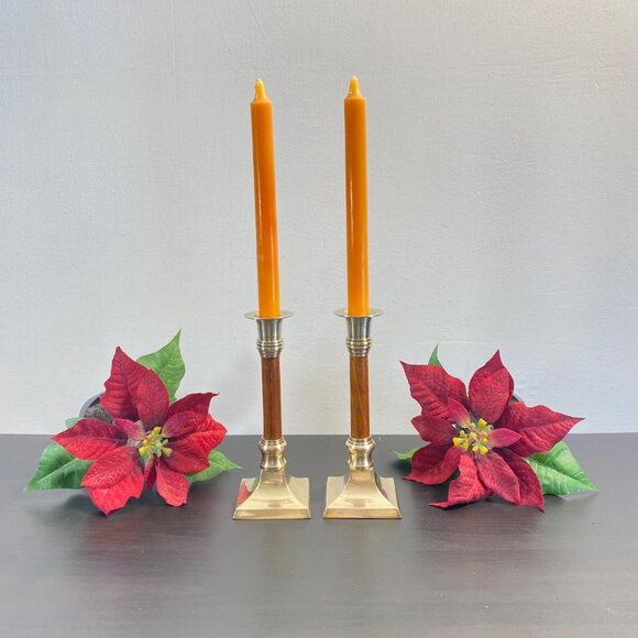 Set of 2 Candlestick Holders, Brass and Wood, Taper Candle Holder with Candles, - Picture 1 of 10